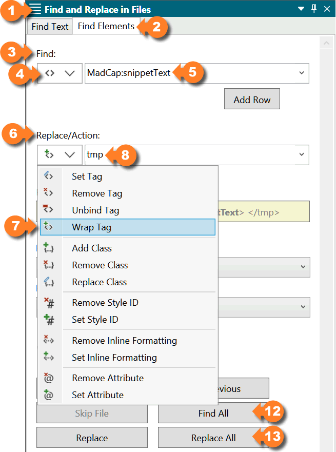 Flare Find Elements debug snippet text settings