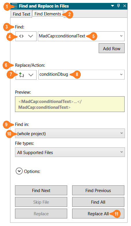 Flare Find Elements pane