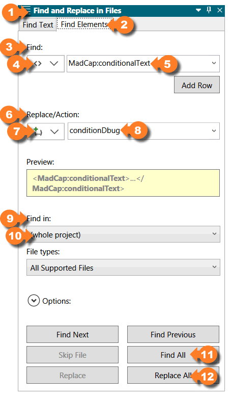 Flare Find Elements settings for debugging conditional text
