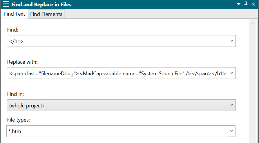 Flare Find and Replace regular text filename concatenation