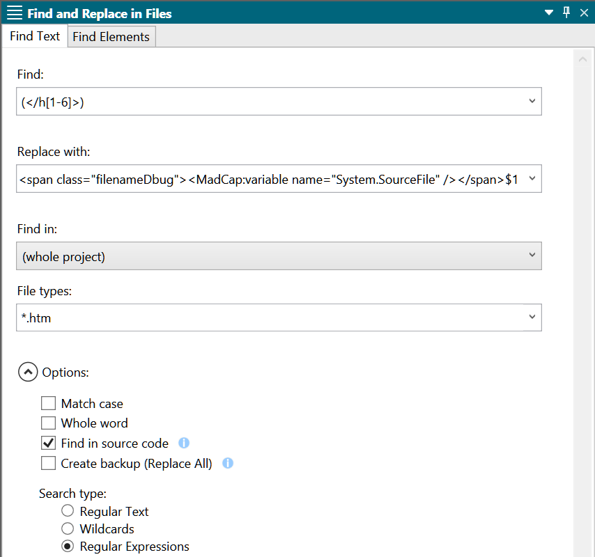 Flare Find and Replace regular expression filename concatenation