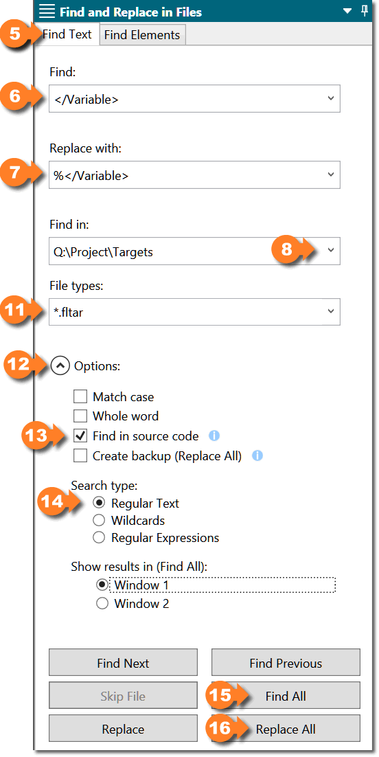 Debugging target variables Find and Replace settings